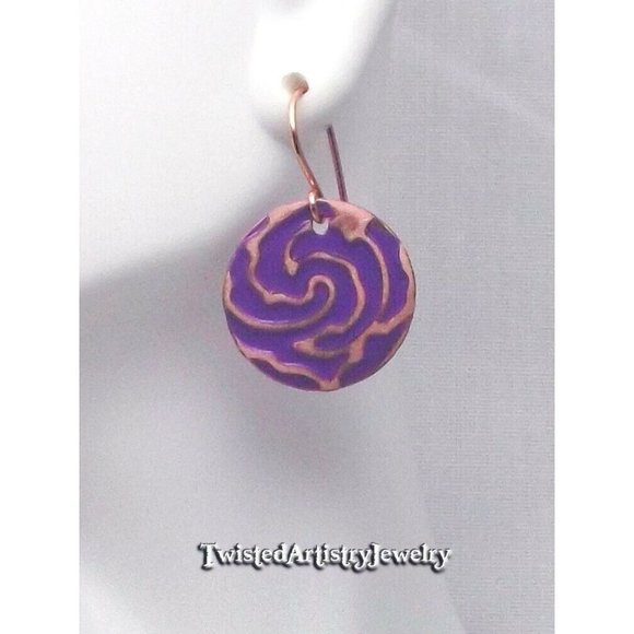 Purple Enameled Copper Swirl Disk Artisan Earrings One-Of-A-Kind Handmade - Picture 2 of 4